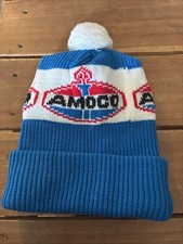 VTG 80's Amoco Stocking Hat Blue Pom Pom Advertising Beanie Petroleum Gas Winter picture