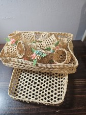 Vtg Set 10 Handmade Woven Napkin Rings w/Box Straw Natural Bread Dough Flowers picture