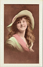 RPPC Vintage Pastel Hand Tint Lovely Lady Smile Picture Hat Curls Studio  B-82 picture
