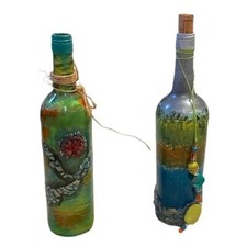 Pair Recycled Embellished Art Glass Wine Bottle Vase Turquoise Blue Bronze picture