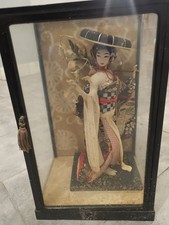 Vintage Japanese Geisha Oyama Doll in Silk Kimono & Black Glass Display Case picture