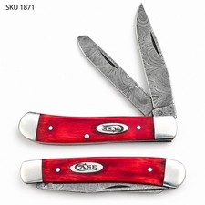 Trapper Pocket Knife – Red Wood Handle –Dual Blade–Damascus Steel Folding-USA picture
