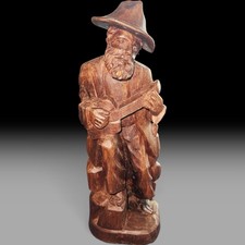 Vintage Hand Carved Wood Old Peasant Man W/Guitar Folk Art Sculpture 13” picture