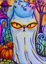 ACEO Original Painting OOAK - Ghost Cat - Cat - Bartshe picture