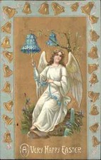 Easter Young Woman Angel with Bell of Flowers c1910 Vintage Postcard picture