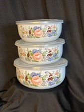 Vintage GMI 6 Pc Enamel Nesting Bowls Set with Lids Floral Peony Rose Pattern picture