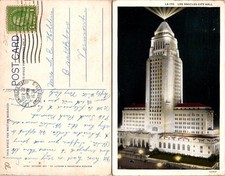 Los Angeles City Hall Postcard LA-170 Night View Vintage Mailed 1c Stamp Written picture