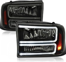 Black Smoke Headlights with LED Bar Compatible with 1999-2004 Ford F-250, F-350, picture