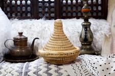 Moroccan Handwoven Artisan Lidded Berber Basket 8.5” to 9” tall by 7.5” to 8” in picture