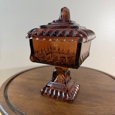 Jeanette Wedding Cake Box Vtg Root Beer Brown Amber Glass Pedestal Candy Dish picture