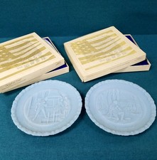 2 VTG Bicentennial Satin Blue Milk Glass Collector Plates in Boxes picture