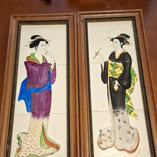 2 Pcs Vintage MCM Enesco Japanese Geisha Tile Wall Plaques Hand Painted Japan picture