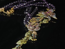 LA VINTAGE BUTTERFLY FLOWER RHINESTONE AMETHYST GLASS BRASS NECKLACE picture