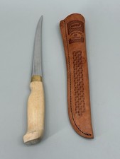 Vintage J Marttiini Finland Fillet Knife Wood Handle Leather Sheath Hand Ground picture