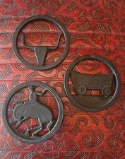 Vintage WESTERN COWBOY WAGON Longhorn SET Trivet SAN ANGELO METAL DIE CAST TEXAS picture