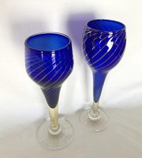 Signed Hand Blown Art Glass Wine Glasses Cobalt Blue Swirl Andres Chapman Set 2 picture