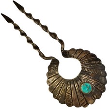 Historic Navajo Stamped Silver Hairpin Royston Turquoise Cabochon, c.1940 picture