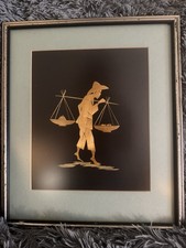 Vintage Prof Framed Wall Hanging Straw Art Farmer W/ Shoulder Baskets  11x14 picture