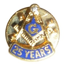 Vintage Masonic 25 Year Service Pin Gold Tone Blue Enamel Square & Compass picture