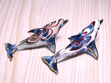 2 pcs. Dolphin figurine blue hand blown glass art gold trim 2.75 in decor Gift picture