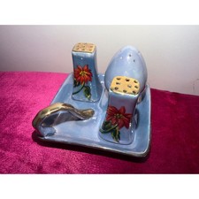 Vintage Nippon Hand Painted Lusterware Condiment Set Poinsettia Japan Blue 4pc picture