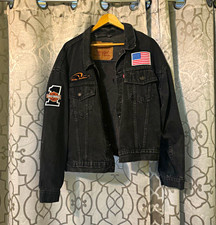 Vintage Harley Davidson Black Denim Jacket Eagle Patch USA Flag Patch Size L picture