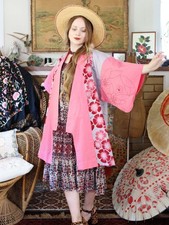 VTG Japanese Cotton Haori Kimono Jacket Soft Pink and Grey Palette Sakura Floral picture