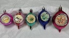 5 Vtg Mercury Glass Indent Christmas Ornaments Teardrop Reflector Diorama Poland picture
