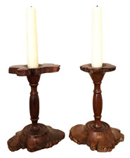 EARLY Antique 18th-19th C LIVE EDGE Wood CARVED Pair Candleholders OOAK Burl?? picture