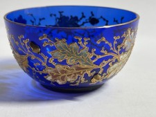 Antique Moser Bohemian Cobalt Blue Glass Bowl Applied Acorns Gilt Oak Leaf AS IS picture