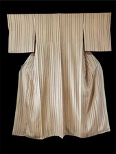 VINTAGE JAPANESE SILK KIMONO / AWASE /RETRO STRIPED YELLOW WITH PINK &GREEN picture