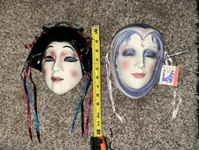Clay Art Pair Ceramic Hand-Painted Wall Masks Set of 2 10in 1980-1990 picture