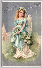 Easter~Young Angel w/Flowers In Hair Holds More Flowers In Blue Gown~Silver~1909 picture