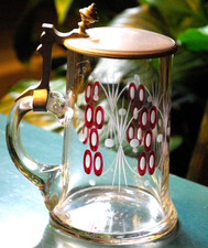 Antique ETCHED HAND BLOWN GLASS Beer Stein W Lid ENAMEL OVERLAY Bohemia Germany picture