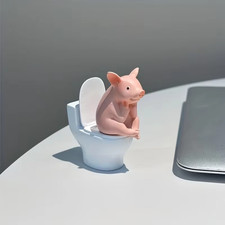 **Cute Little Pig Sitting on Toilet Figurine - Table Desk & Wall Home Decor Gift picture