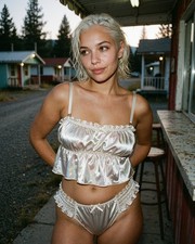 Blonde Curvy Busty Woman Pinup Satin Lingerie 8x10 Photo Print - 80564 picture