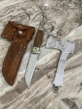 Vtg. Case Tested XX Knife w/Case XX Hatchet Set Leather Sheath Walnut Handle picture