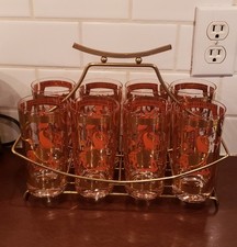 VTG Fred Press MCM Orange Trojan Horse Cocktail Glasses 22k Gold Trim in Caddy picture