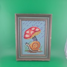 Vtg Mushroom Snail Needlepoint Framed Wall Art Retro Blue Sky Rainy Day 8.5×6.5 picture