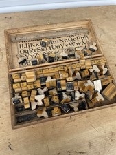 Old Vintage Wood BOX with RUBBER STAMPS Alphabet Letters Numbers PRINT SET picture