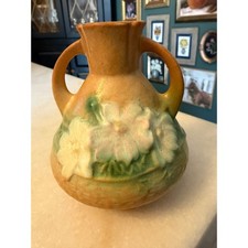 Roseville Pottery Cosmos Tan Green Two Handled Vase Vintage 1940s Art Pottery picture