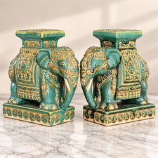 Vintage Pair Turquoise Handpainted Ceramic Elephant Plant Stands Asian 8.5