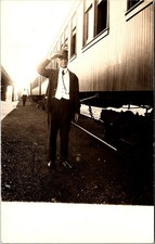 RPPC Mt. Hope West Virginia Train Depot Postcard Conductor Saluting Wooden Train picture
