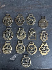 Lot of 13 Antique Brass Horse Medallions from the UK, variety of symbols picture