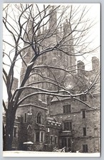 Collegiate Gothic Stone Tower Building Winter Snow Tree Branches View US RPPC picture