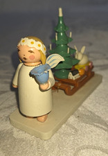 VINTAGE WENDT KUHN ERZGEBIRGE WOODEN ANGEL FIGURINE W/ CHRISTMAS TREE GERMANY picture