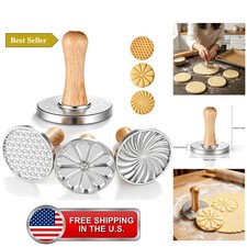 Cookie Stamps Set, 3 Pcs Cookie Stamps Round Metal Cookie Press Set with Wood... picture