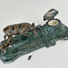 Antique Austrian Desk Set Inkwell Spelter Stag Hunt Scene FOR REPAIR c1900 picture