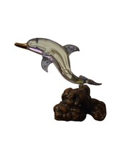 Vintage Glass Baron Dolphin w 22kt Accent Mounted on Petrified Wood Base picture