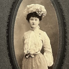 Antique Photograph On Board Beautiful Demure Young Woman Gorgeous Hat Locket Pin picture
